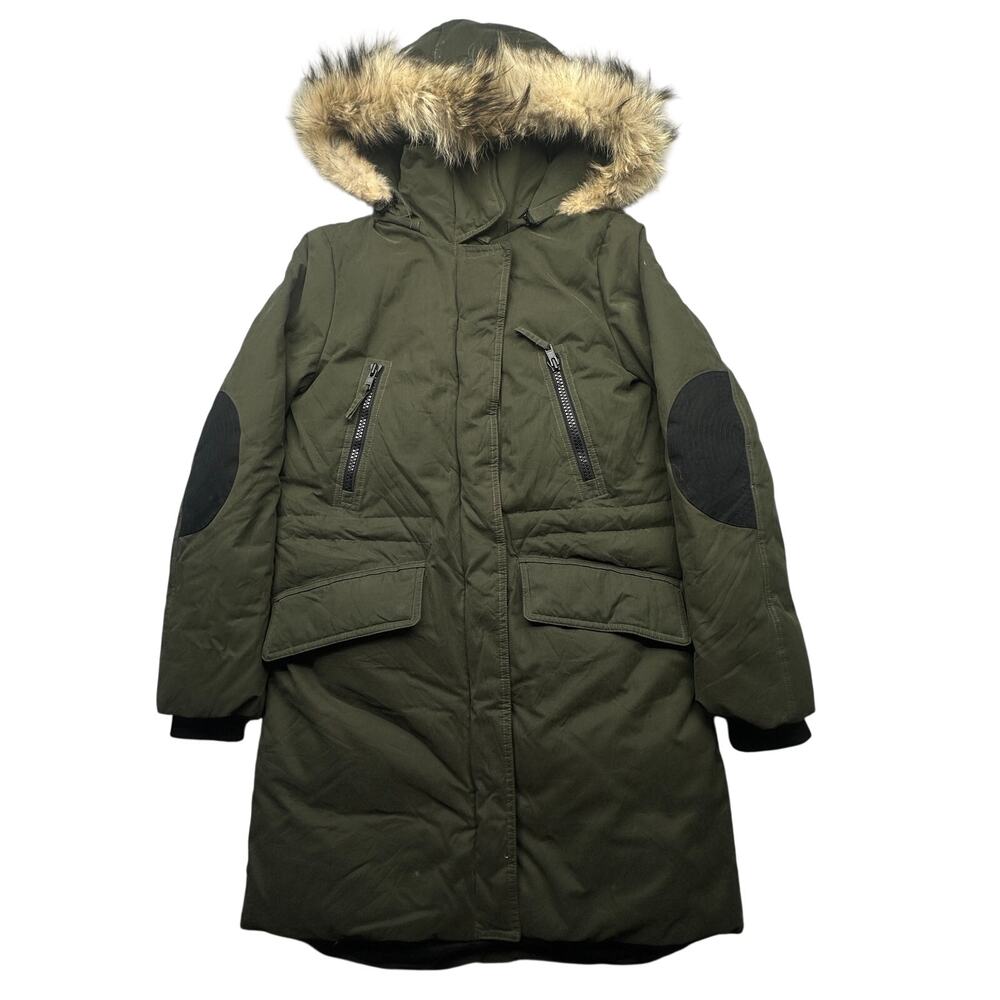 Soia & Kyo Down Fur Parka Puffer Coat Jacket Womens XS Olive Green Mid Length